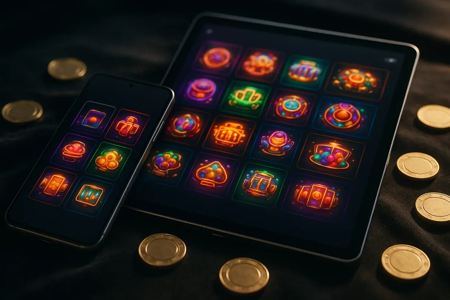 Flagship Android phone and tablet showing glowing casino app UI on velvet