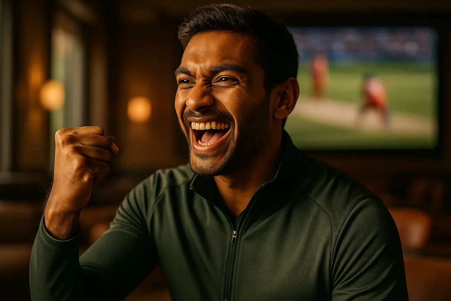 Bangladeshi male athlete celebrating bet win in modern sports lounge
