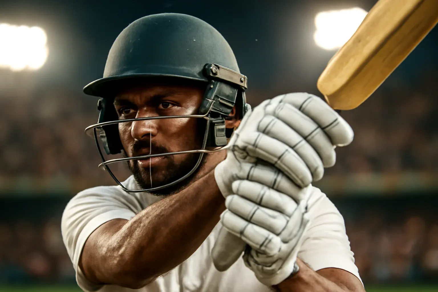 Hyperrealistic close-up of Bangladeshi cricket batsman mid-swing with detailed helmet and gloves