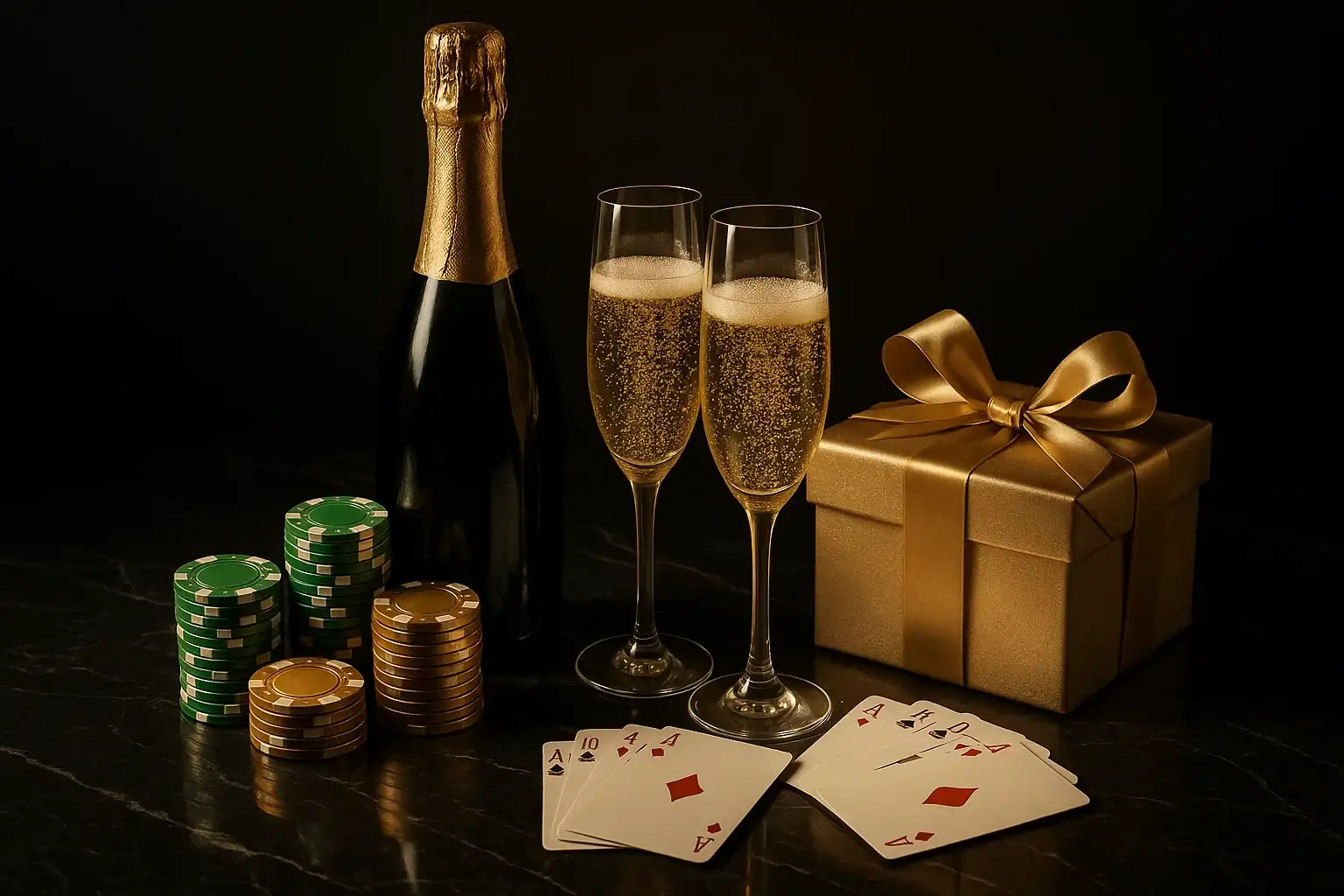 Champagne bottle, crystal flutes, casino chips, playing cards, and glowing gift box