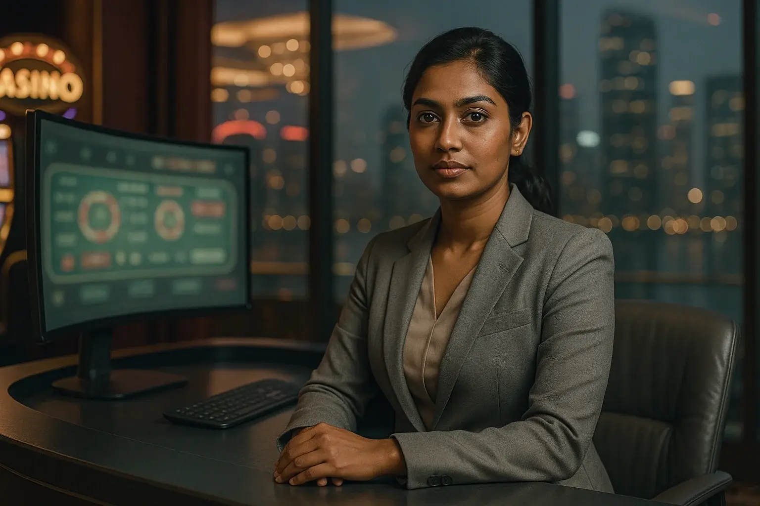 Cinematic portrait of Bangladeshi businesswoman at high-tech casino registration desk