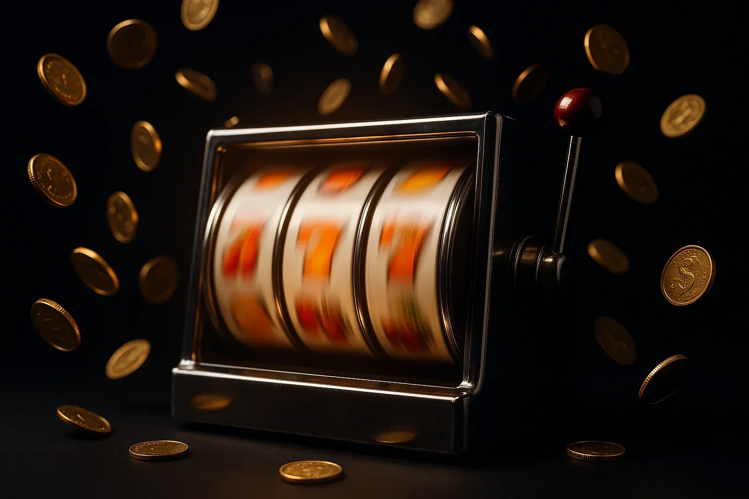 Hyperrealistic slot machine reels mid-spin with flying gold coins in dark studio lighting