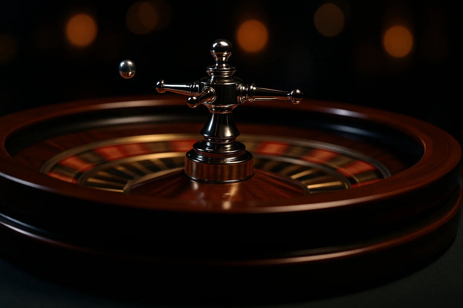 Hyperrealistic macro shot of live casino roulette wheel mid spin with chrome ball