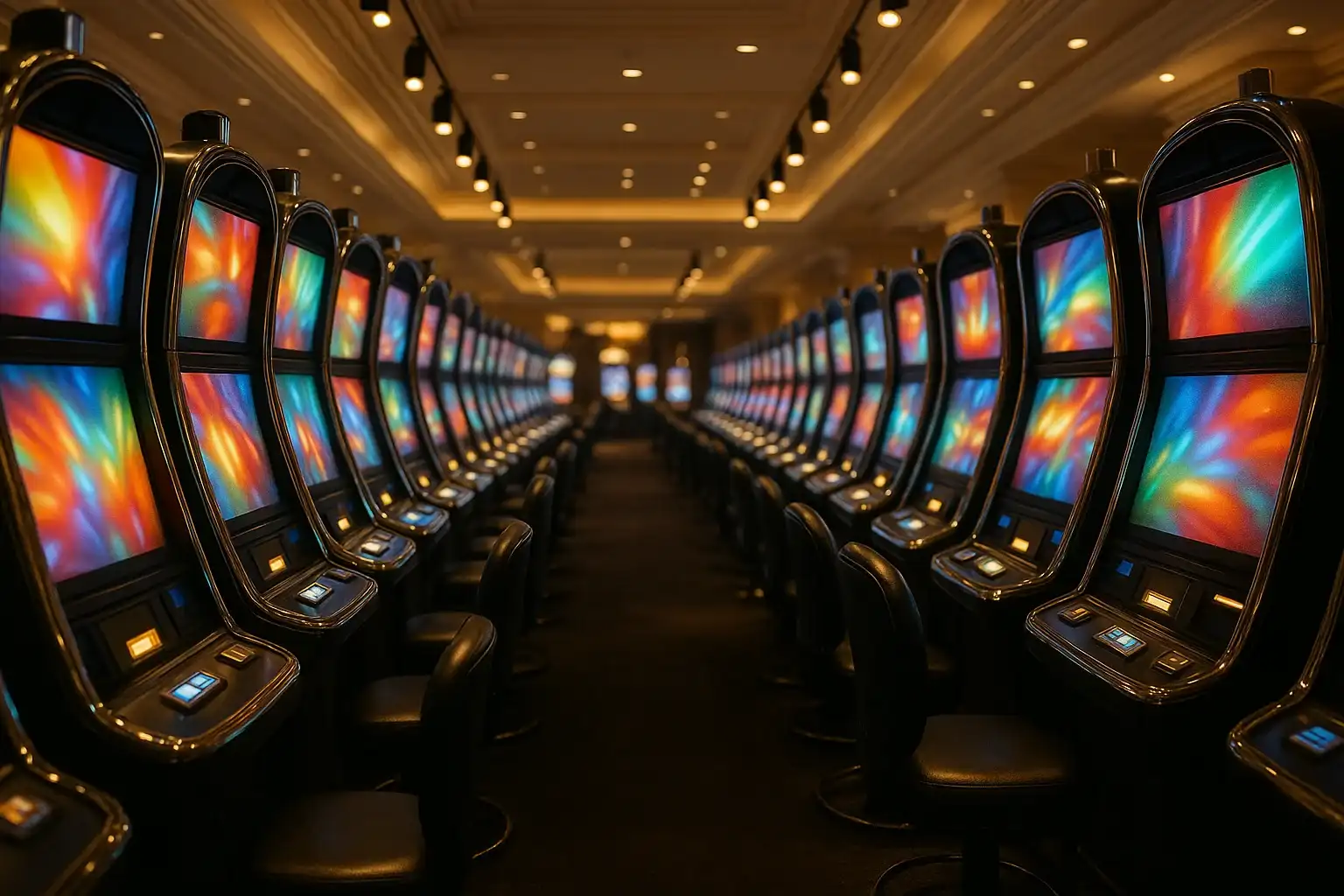 Wide cinematic view of luxury casino slot machines glowing under warm lights